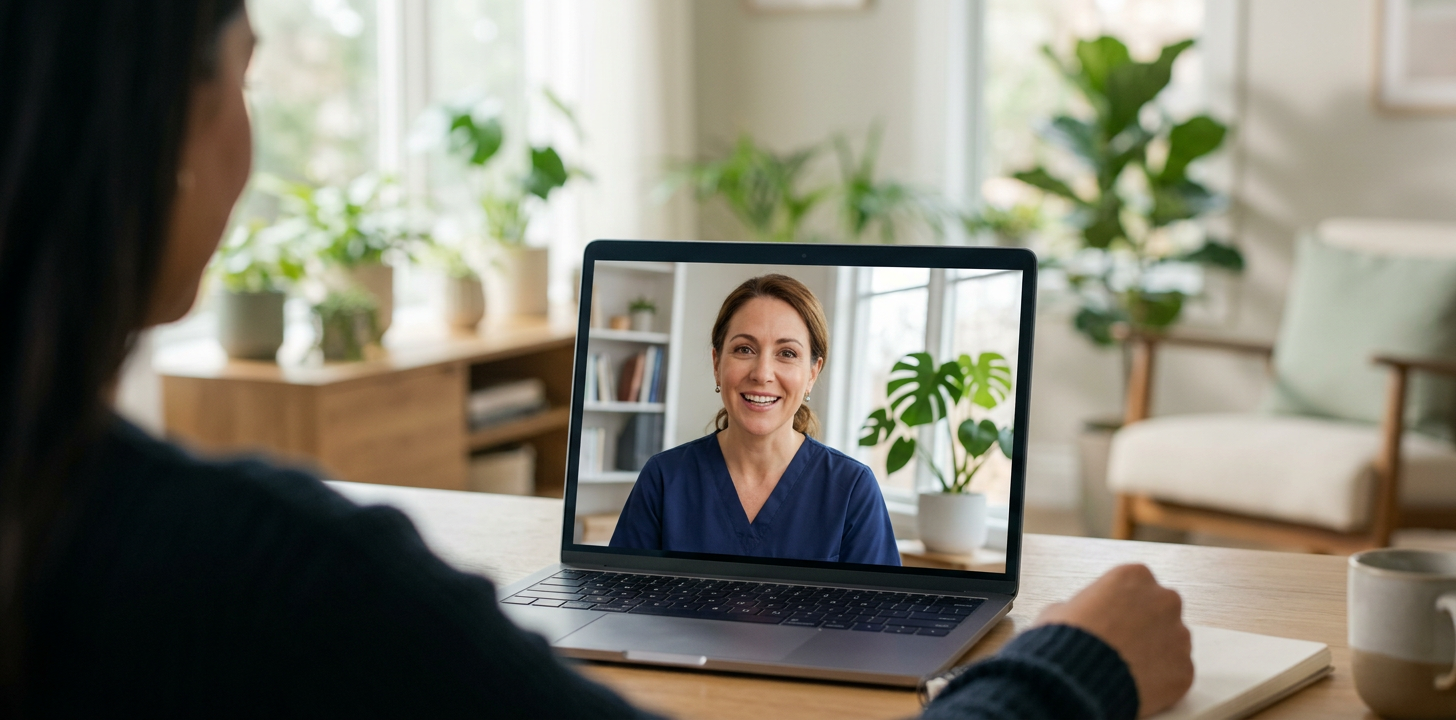 Consulta virtual de telehealth en laptop con ambiente profesional