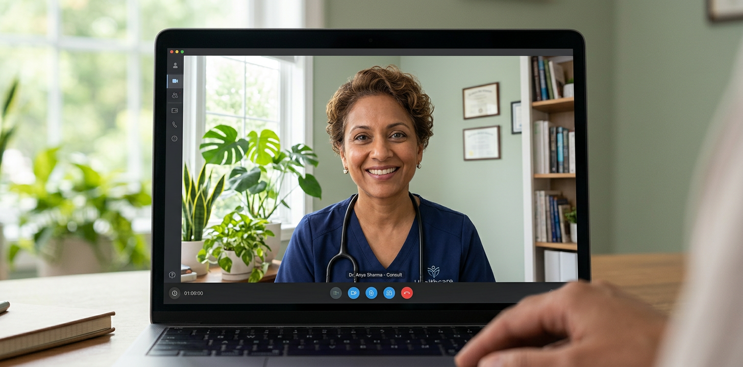 Profesional de salud brindando apoyo emocional en consulta virtual