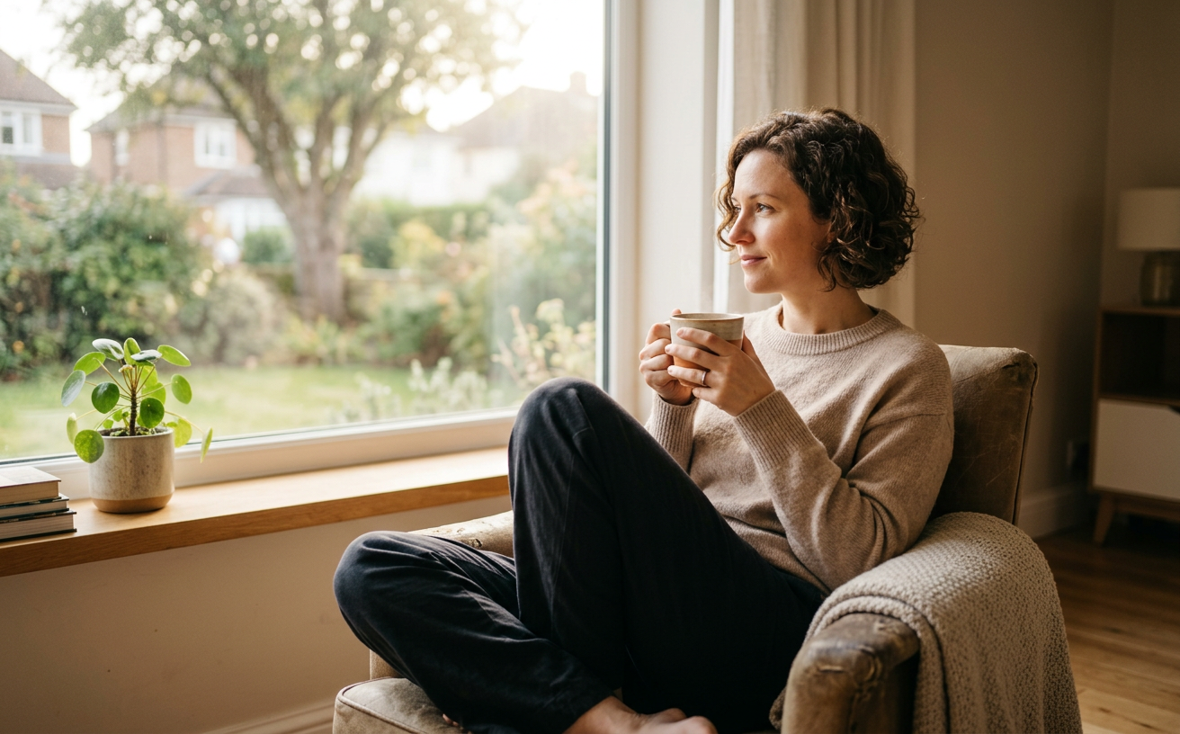 Mujer descansando junto a una ventana con taza de té