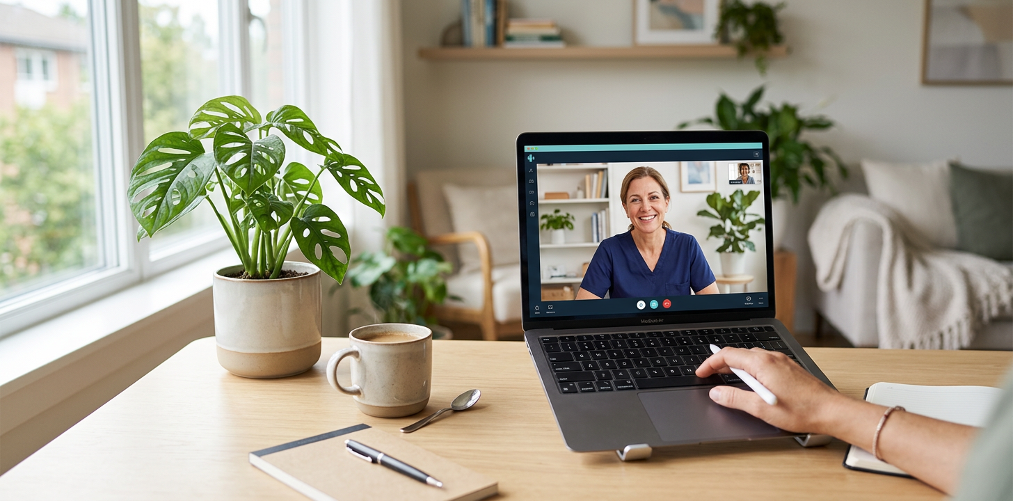 Profesional de salud sonriendo durante una consulta virtual de telehealth