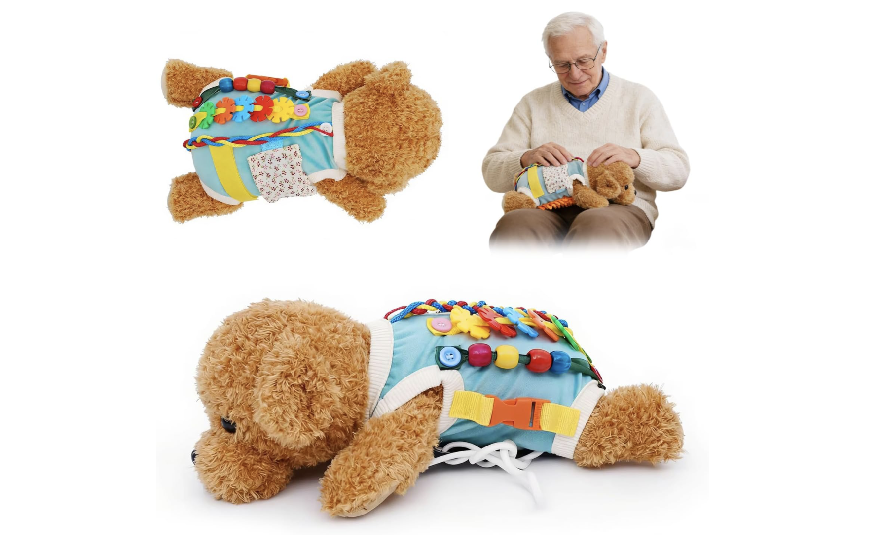 Manta Sensorial Antiestres para Adultos Mayores - oso de peluche con actividades sensoriales